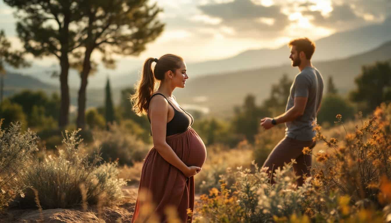 pareja en campo con mujer embarazada durante el atardecer